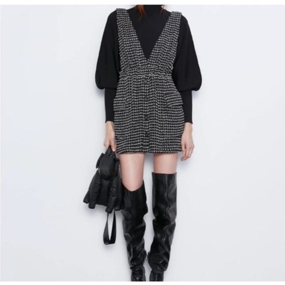 ZARA Black & White Tweed Pinafore Dress Size M - Picture 1 of 6